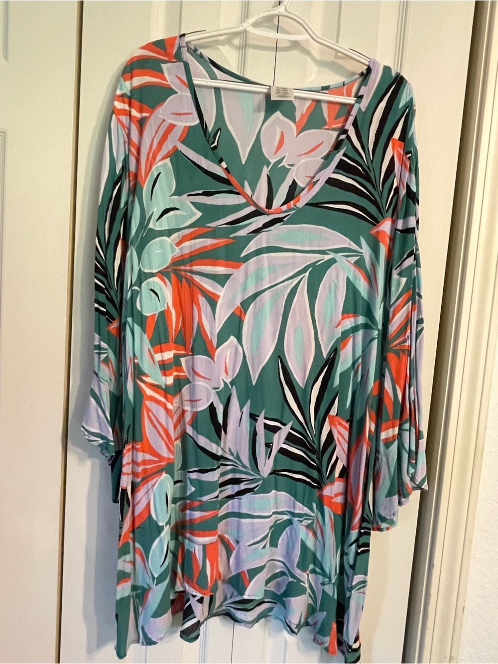Anne Cole Green Tropical V-Neck Swim Coverup with Coral Accents